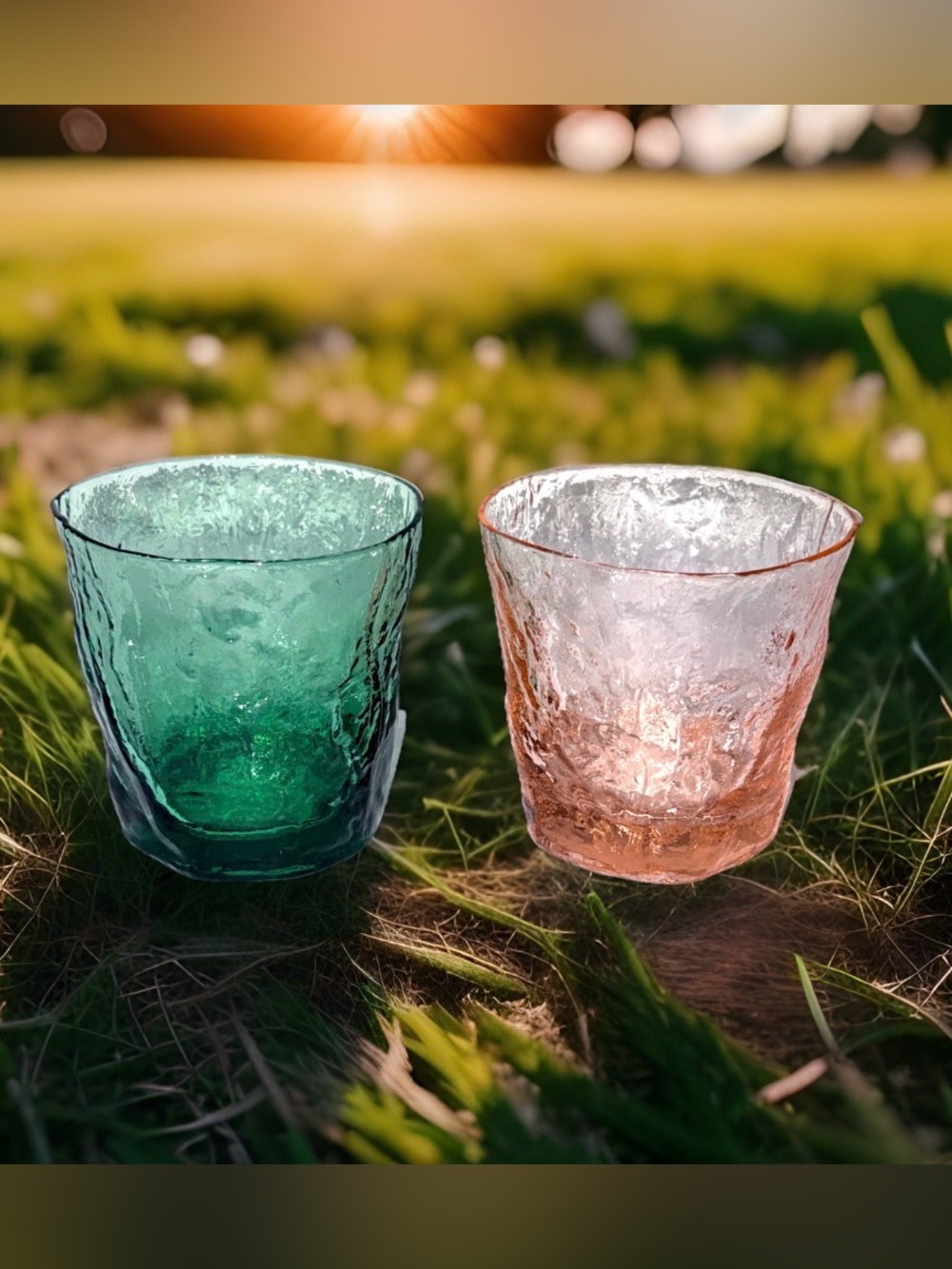 Set of 2 Vtg Morgantown Driftwood Double Old Fashioned 3.5" Pink, Smamrock Green